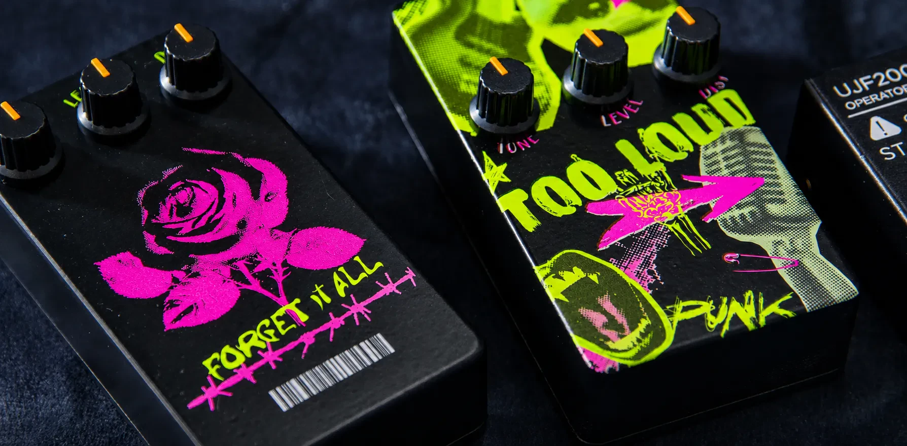 Official Mimaki sample image of fluorescent graphics on effects pedals