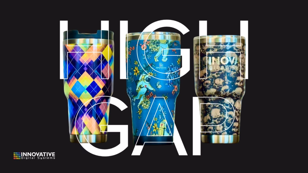 Examples of high gap printing on various thermos designs, showing clear and consistent prints achieved despite variations in the bottle's surface height.