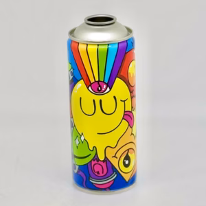 Spray paint can on an aluminum printing page, symbolizing color and customization in UV printing for durable metal products.